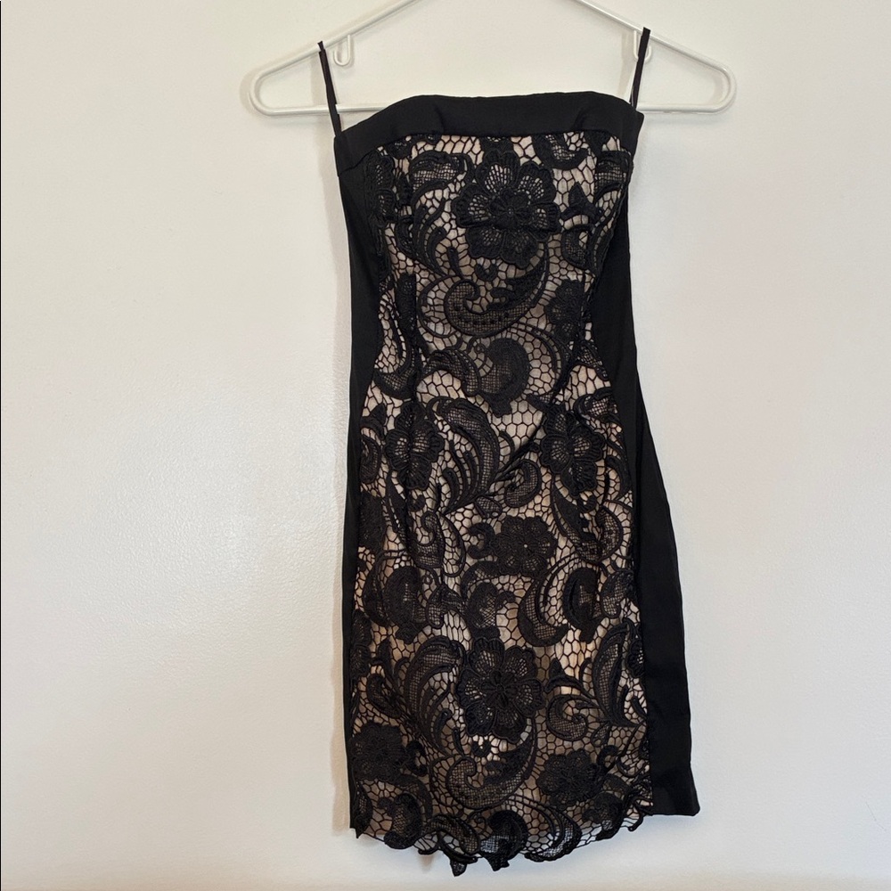 Jessica McClintock Black Lace Mini Dress with Nude Underlay